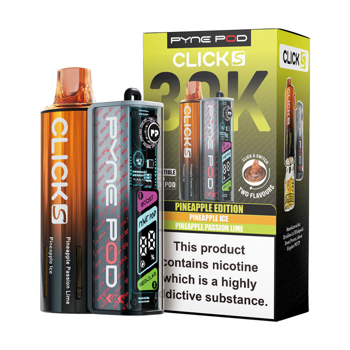 Pineapple Edition Pyne Pod Click S 30K Pod Kit and Box