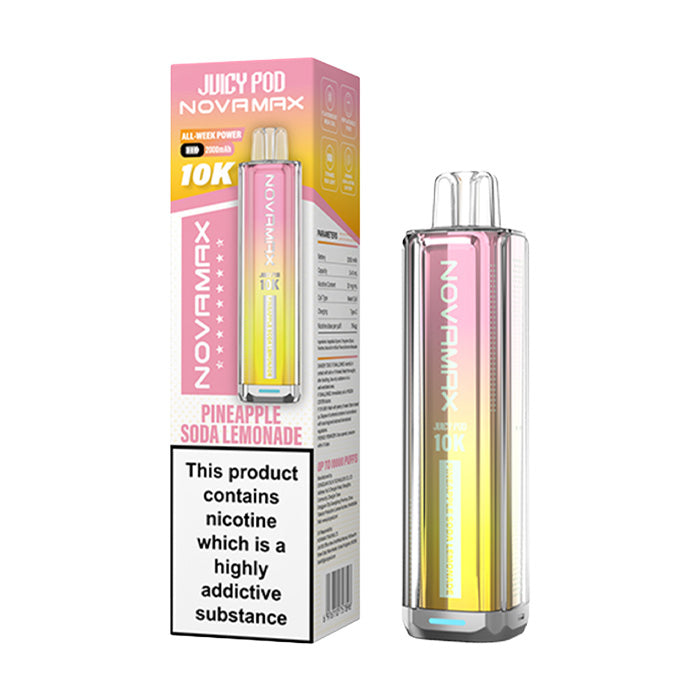 Pineapple Soda Lemonade Juicy Pod Novamax 10K Prefilled Pod Kit and Box