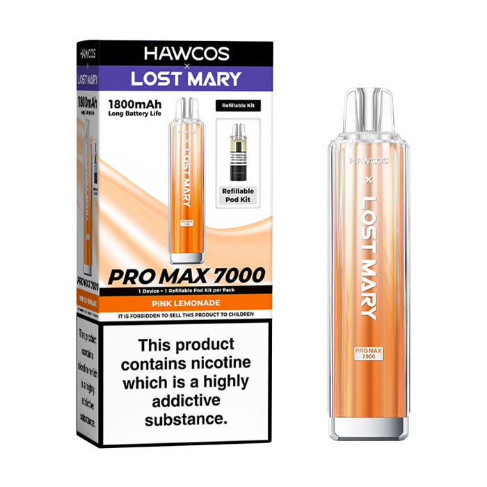 Pink Lemonade Hawcos X Lost Mary 7000 Pro Max Prefilled Pod Kit and Box