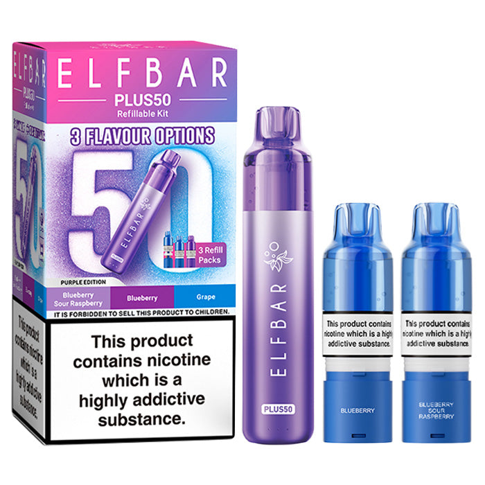Purple Edition Elf Bar Plus 50 Prefilled Pod Kit and Box