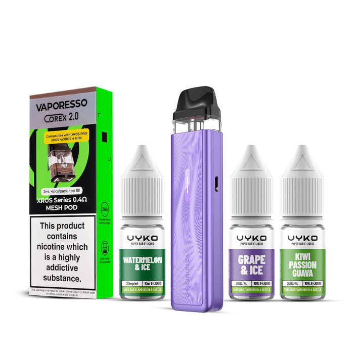 Purple Vaporesso Xros 5 Mini Kit with a Pack of Pods and Three 10ml Bottles of Nic Salt E-Liquid