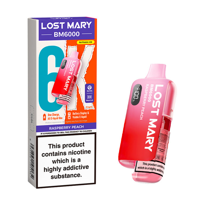 Raspberry Peach Lost Mary BM6000 Prefilled Pod Kit and Box