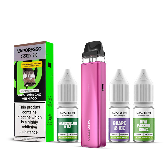 Rose Red Vaporesso Xros 5 Mini Kit with a Pack of Pods and Three 10ml Bottles of Nic Salt E-Liquid