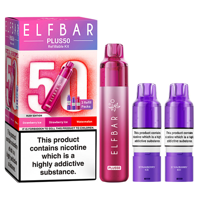 Ruby Edition Elf Bar Plus 50 Prefilled Pod Kit and Box