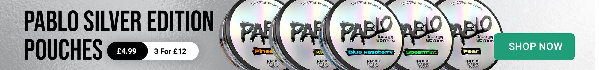 Pablo Silver Edition pouches with branding and a 'Shop Now' button.