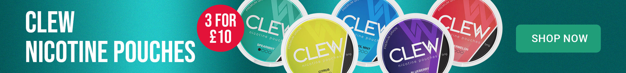 Promotional banner for CLEW nicotine pouches with colorful labels and a 'Shop Now' button.