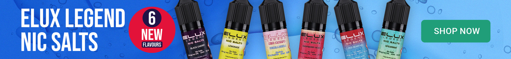 Vape juice bottles with colorful labels on a blue background, featuring the brand 'Elux Legend'.