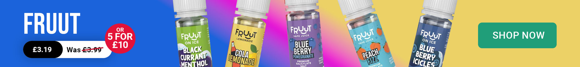 5 bottles of FRUUT e-liquid on a colourful background