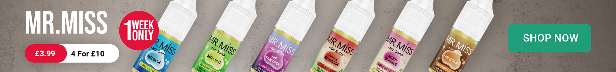 Row of MR. MISS e-liquid bottles with colorful labels on a gray background
