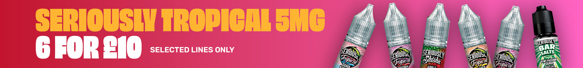Promotional banner for a vape product with text and images of e-liqudis on a pink background.