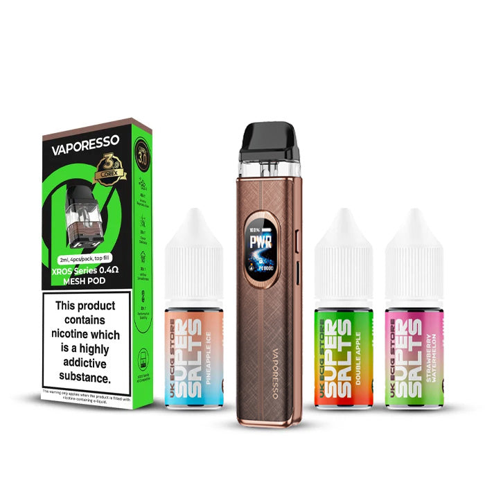 Silk Brown Vaporesso Xros 6 Kit with three super salts and a pack of pods