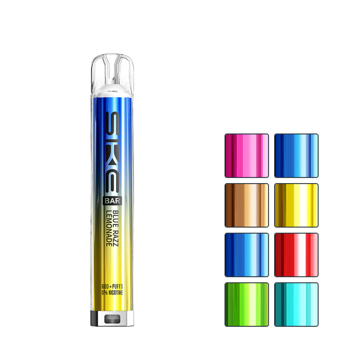 SKE Bar 600 0mg Prefilled Pod Kit with eight squares showcasing all available flavours