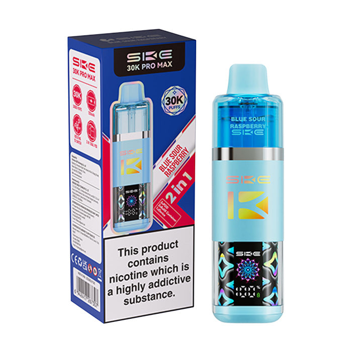 Blue Sour Raspberry SKE Crystal 30K Pro Max Plus Prefilled Pod Kit and Box