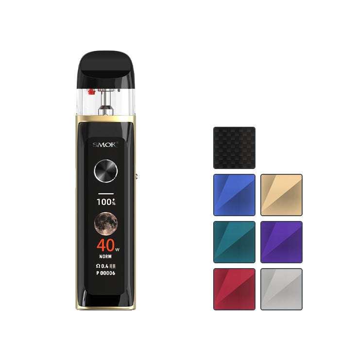 A gold Smok Novo 6 Ultra pod kit with seven squares showcasing all available colours