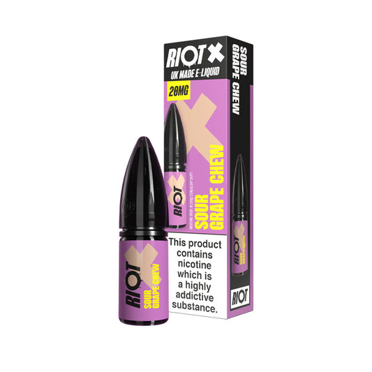 Sour Grape Chew Riot X 10ml Nic Salt E-Liquid Bottle and Box
