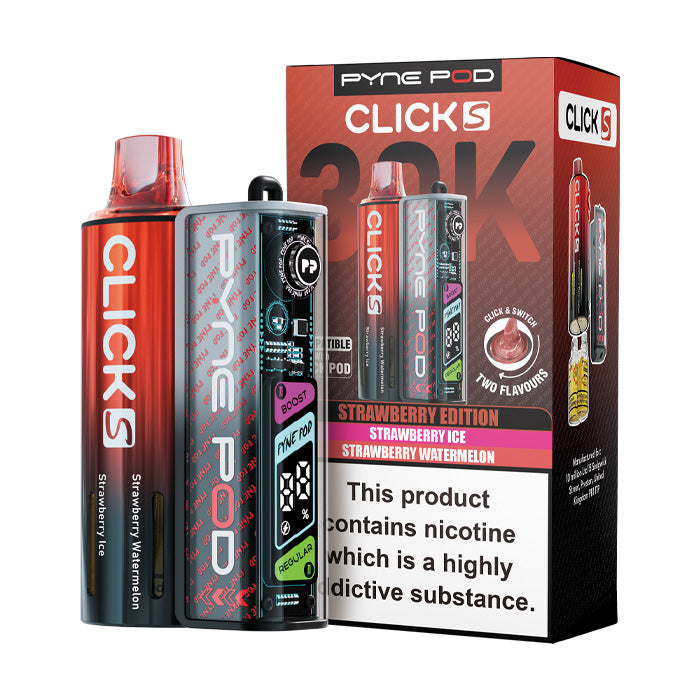 Strawberry Edition Pyne Pod Click S 30K Pod Kit and Box