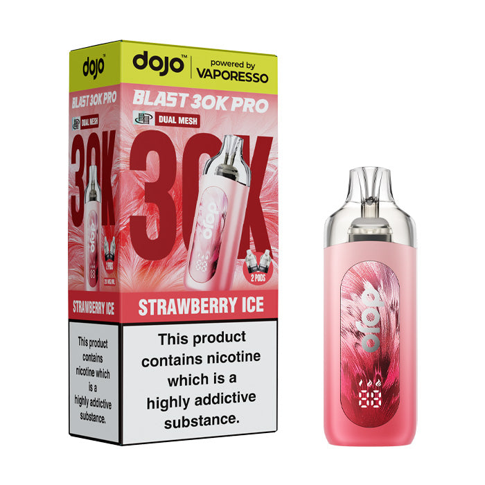 Strawberry Ice Vaporesso Dojo Blast 30K Pro Pod Kit and Box