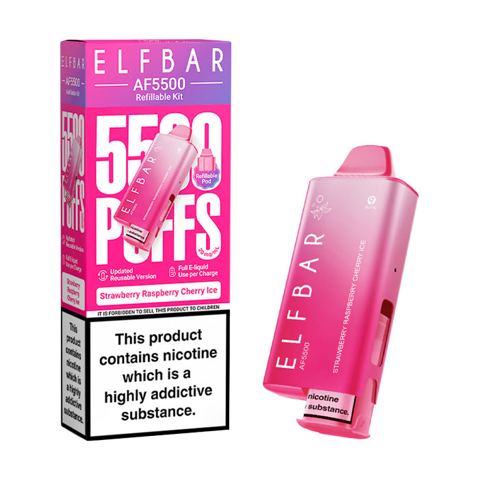 Strawberry Raspberry Cherry Ice Elf Bar AF5500 Prefilled Pod Kit and Box