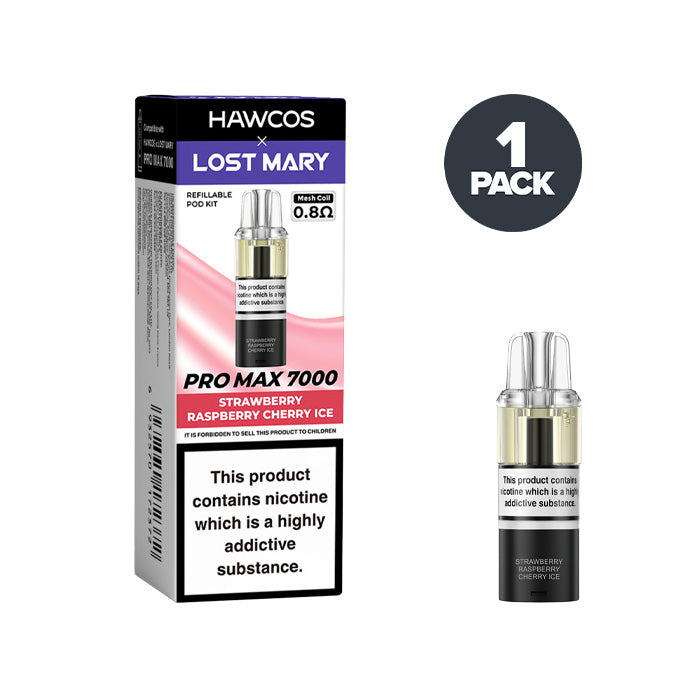 Strawberry Raspberry Cherry Ice Hawcos X Lost Mary 7000 Pro Max Prefilled Pod and Box