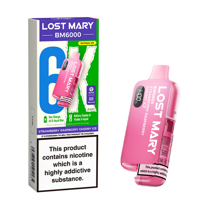 Strawberry Raspberry Cherry Ice Lost Mary BM6000 Prefilled Pod Kit and Box
