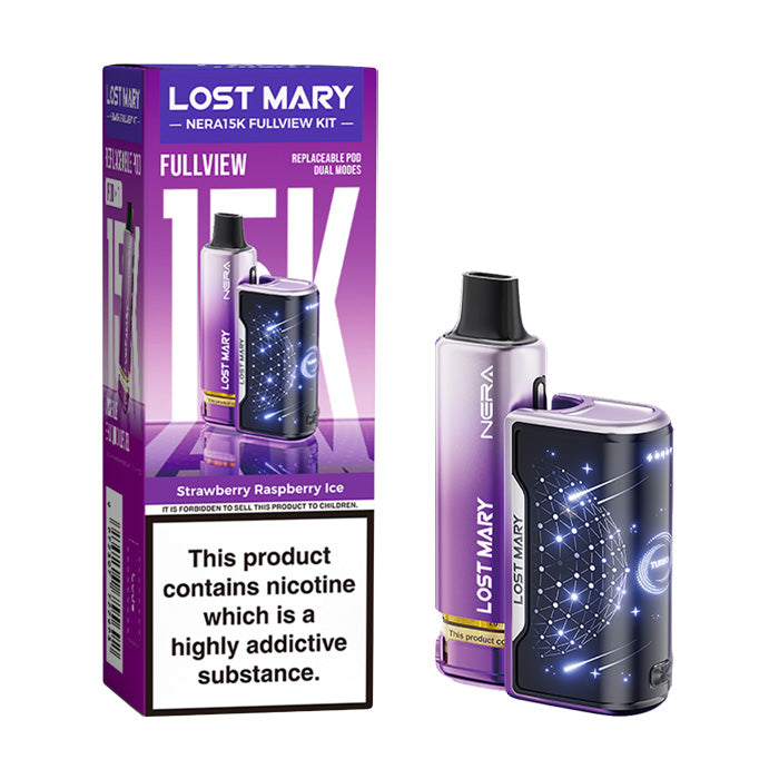 Strawberry Raspberry Ice Lost Mary Nera 15K Fullview Prefilled Pod Kit with box