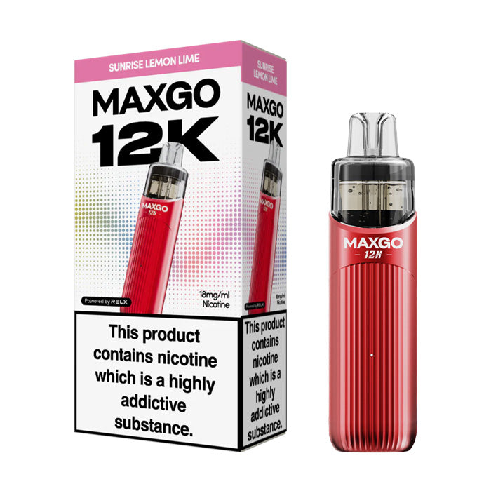 Sunrise Lemon Lime Relx MaxGo 12k Prefilled Pod Kit and Box