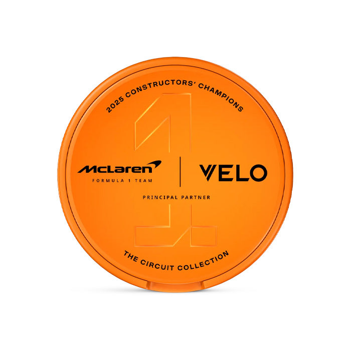 Tub of McLaren Circuit Collection Smooth Papaya Velo Slim Nicotine Pouches