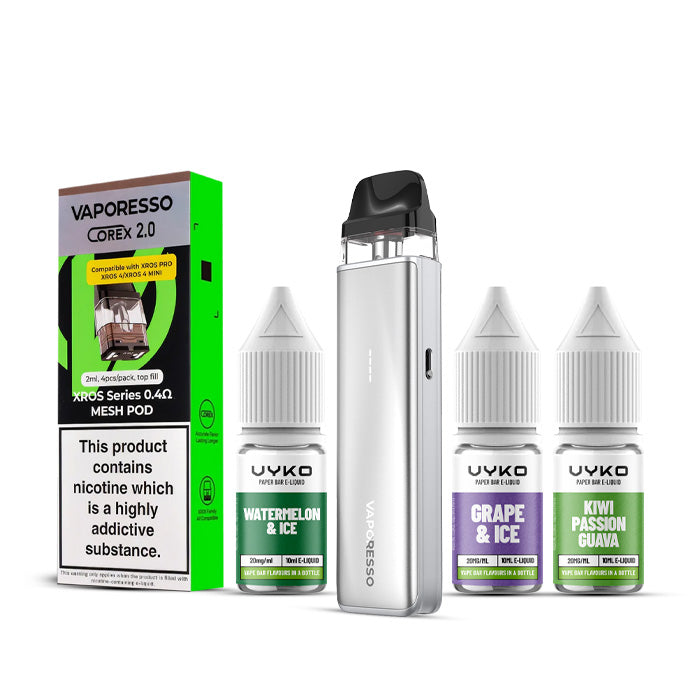 Titanium Silver Vaporesso Xros 5 Mini Kit with a Pack of Pods and Three 10ml Bottles of Nic Salt E-Liquid