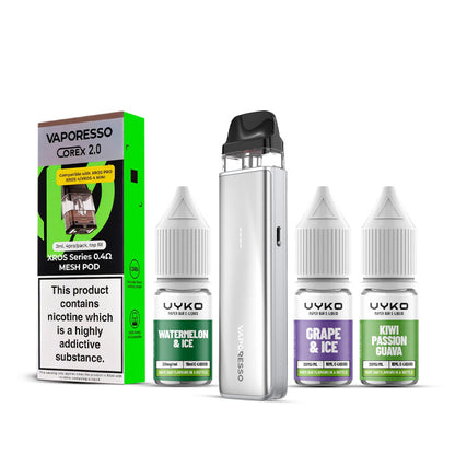 Titanium Silver Vaporesso Xros 5 Mini Kit with a Pack of Pods and Three 10ml Bottles of Nic Salt E-Liquid