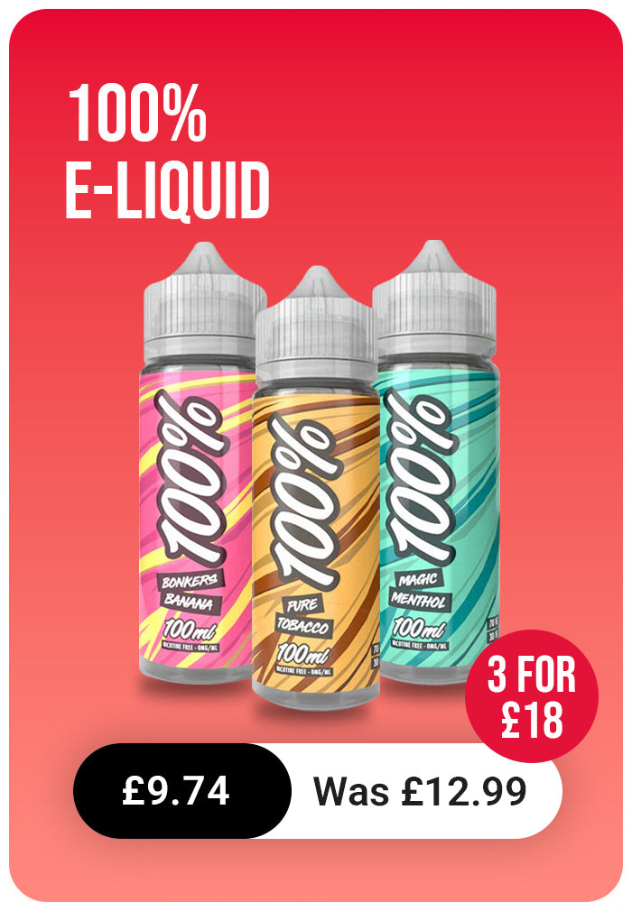 Three bottles of 100% e-liquid with colorful labels on a red background.