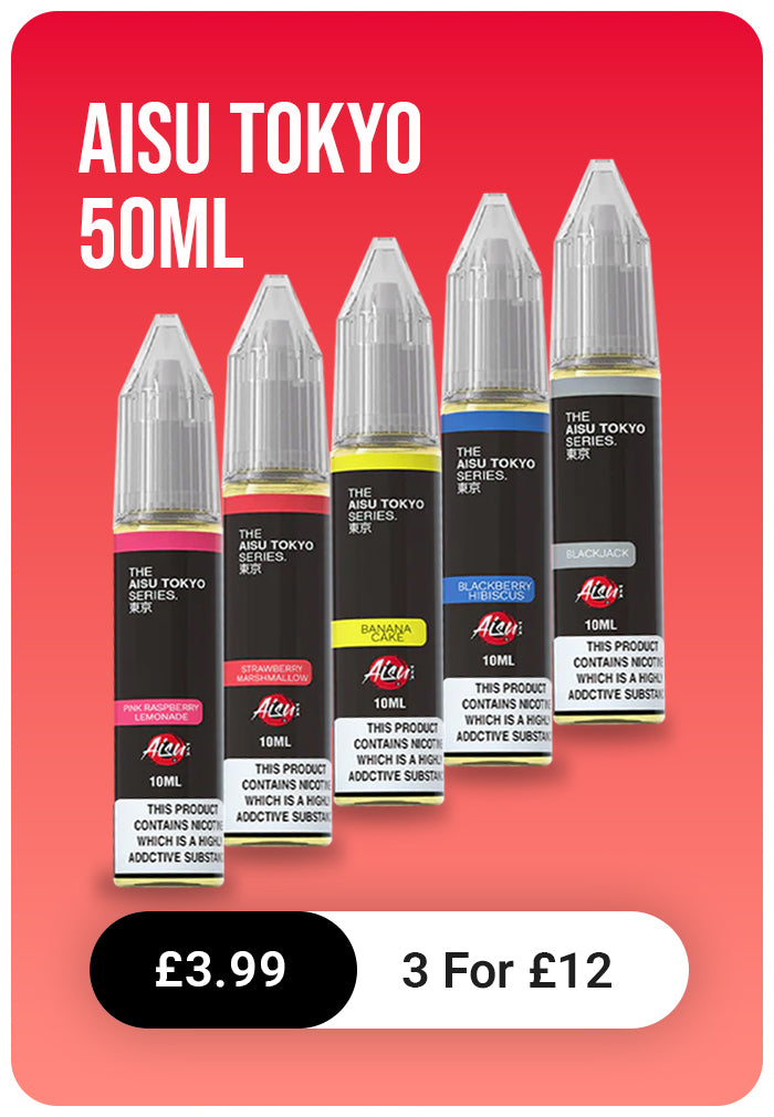 Aisu Tokyo 50ml vape juice bottles on a red background with pricing and promotional text.