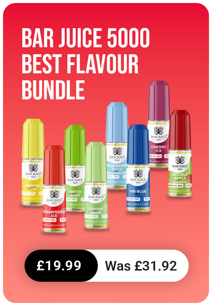 Bar Juice 5000 e-liquid bottles on a red background with promotional text.