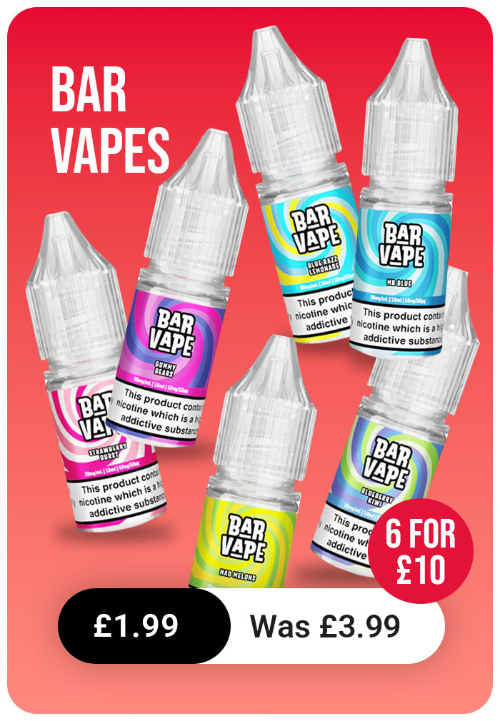 Bar Vapes products with colorful labels on a red background