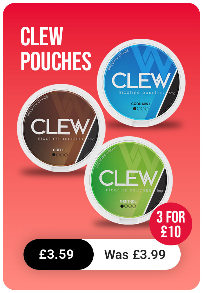 CLEW nicotine pouche cans with three different flavors on a red background.
