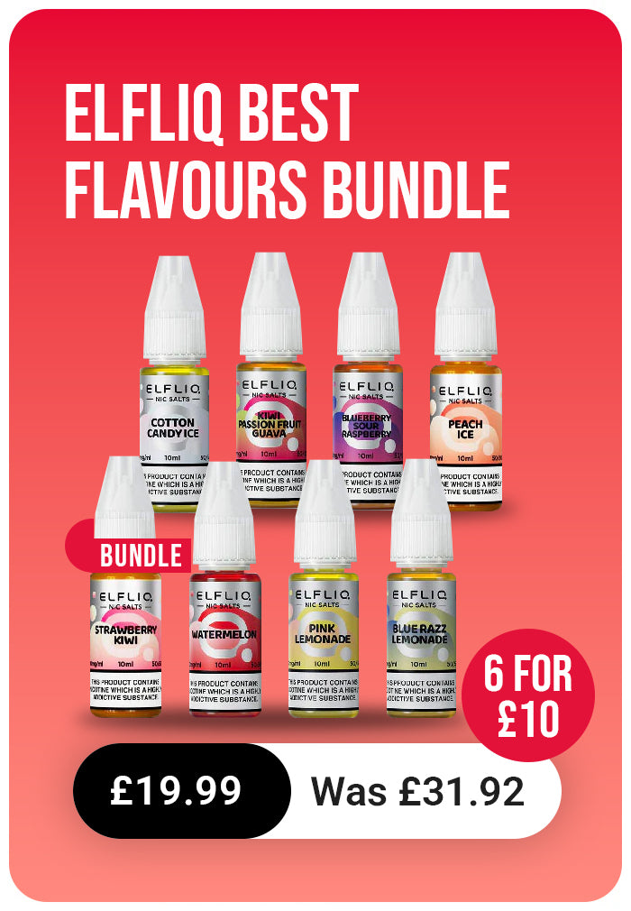 Elfliq best flavours bundle with six bottles on a red background