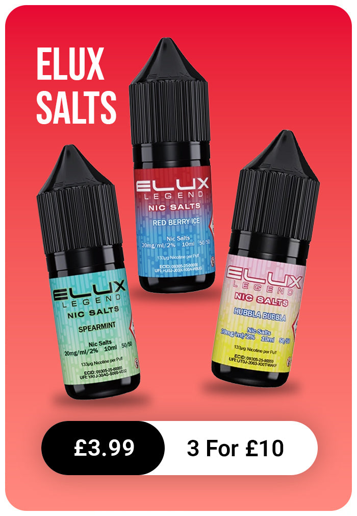 Three ELUX Nic Salts e-liquid bottles on a red background with promotional text.