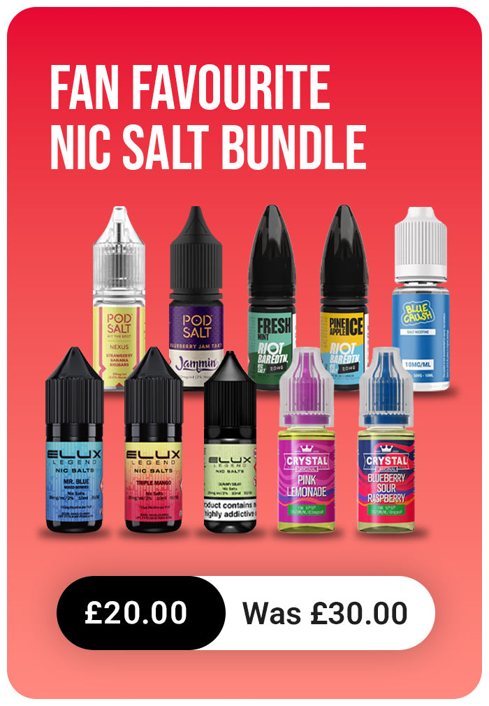 Promotional image of a 'Fan Favourite Nic Salt Bundle' with various e-liquid bottles on a red background.
