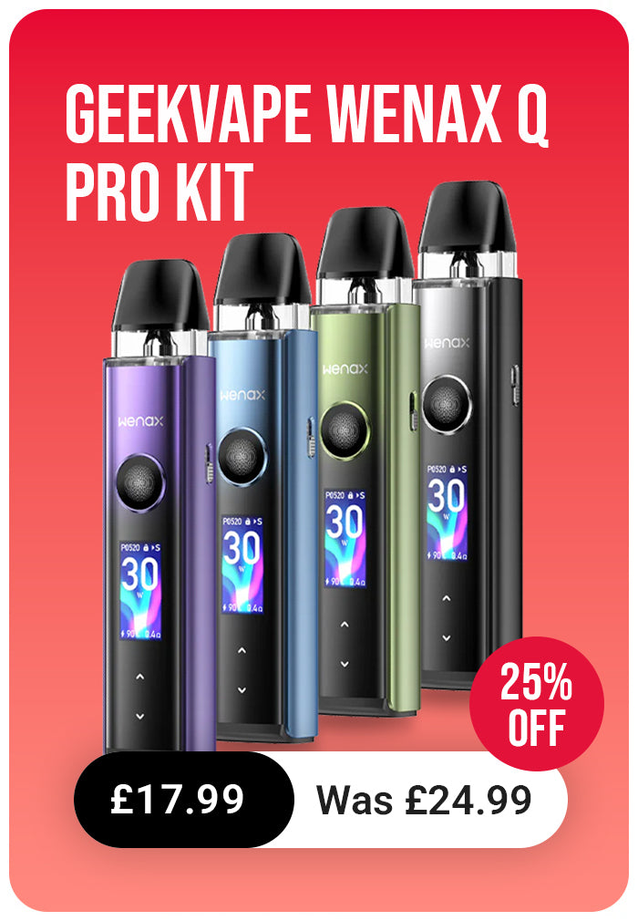 Geekvape Wenax Q Pro Kit with five different colored devices on a red background.