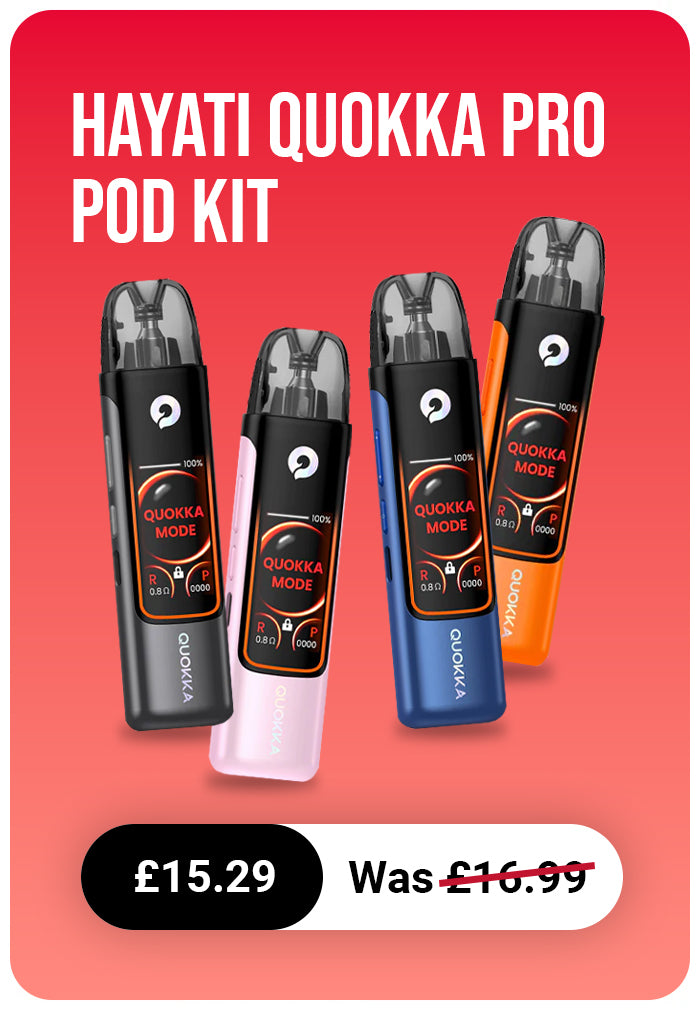 Hayati Quokka Pro Pod Kit with four different colored pods on a red background.