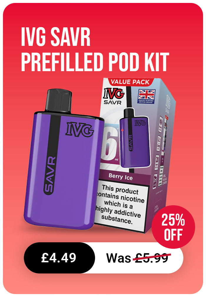 IVG SAVR prefilled pod kit packaging with purple pod and red background