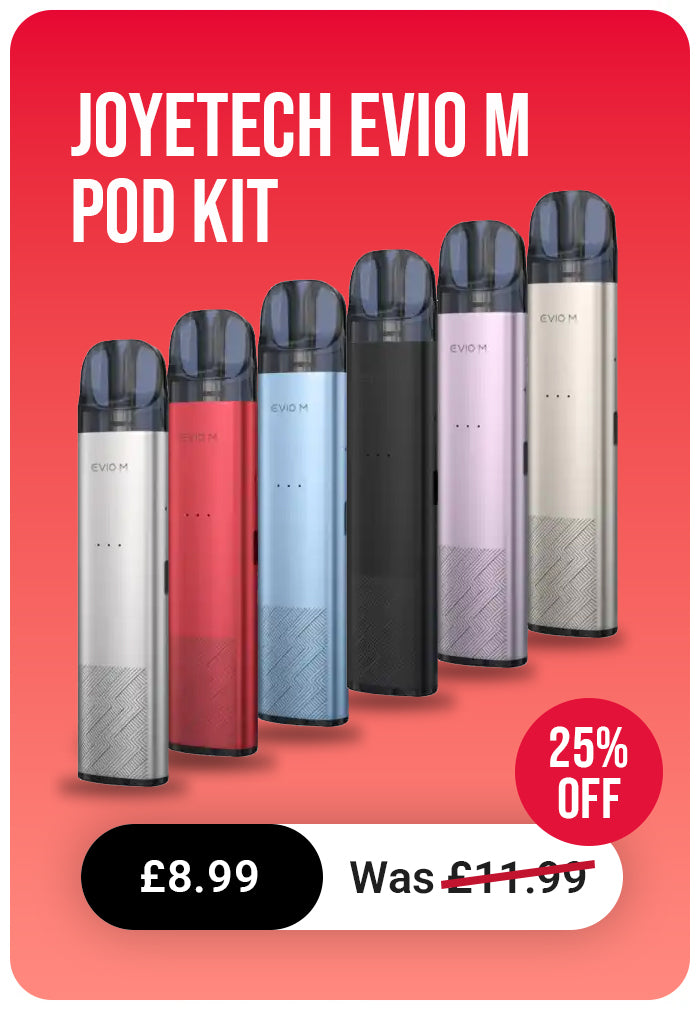 Joyetech Evio M pod kit with six different colored pods on a red background, showing a discount offer.