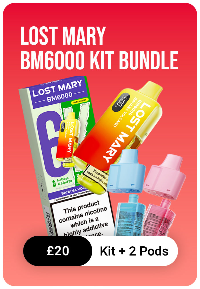 Lost Mary BM6000 kit bundle with packaging and two pods on a red background