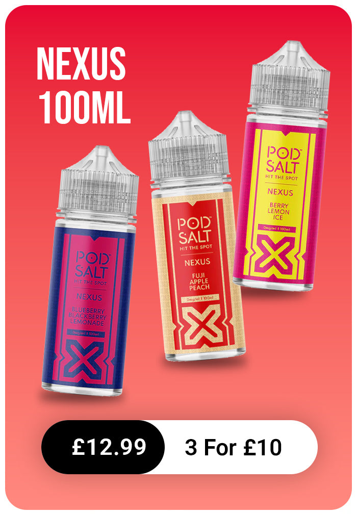 Three Pod Salt Nexus vape juice bottles on a red background with promotional text.