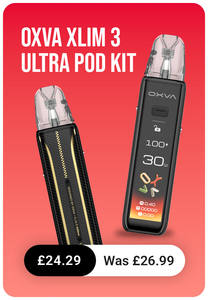 OXVA XLIM 3 Ultra Pod Kit on a red background with price and discount information.