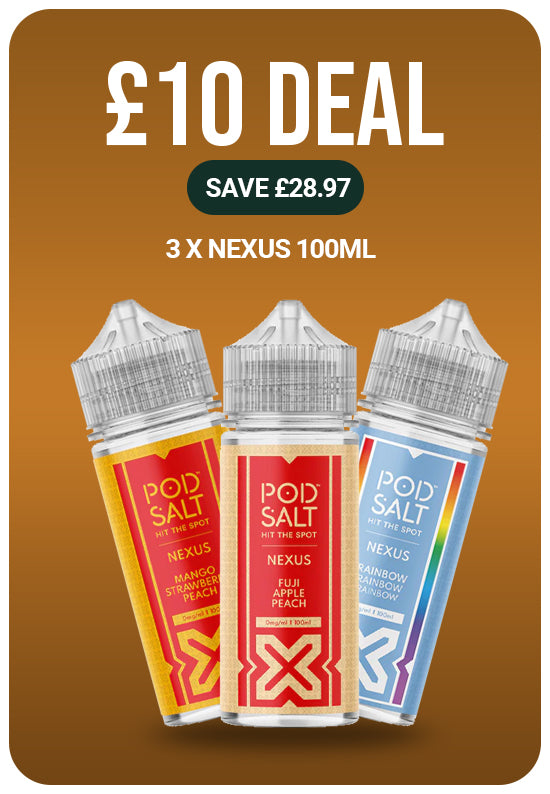Three Pod Salt Nexus e-liquid bottles with a promotional deal on a brown background.