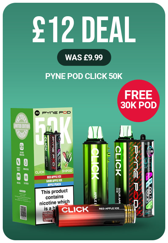 Promotional graphic for Pyne Pod Click 50K with a £12 deal on a green background.