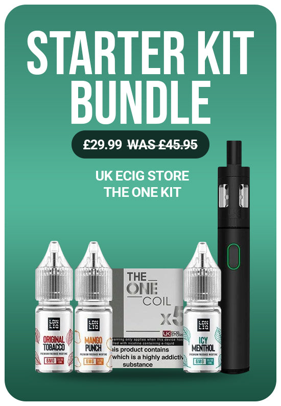 Promotional offer for a starter kit bundle, showing a pen style kit, 3 e-liquid bottles and a pack of coils