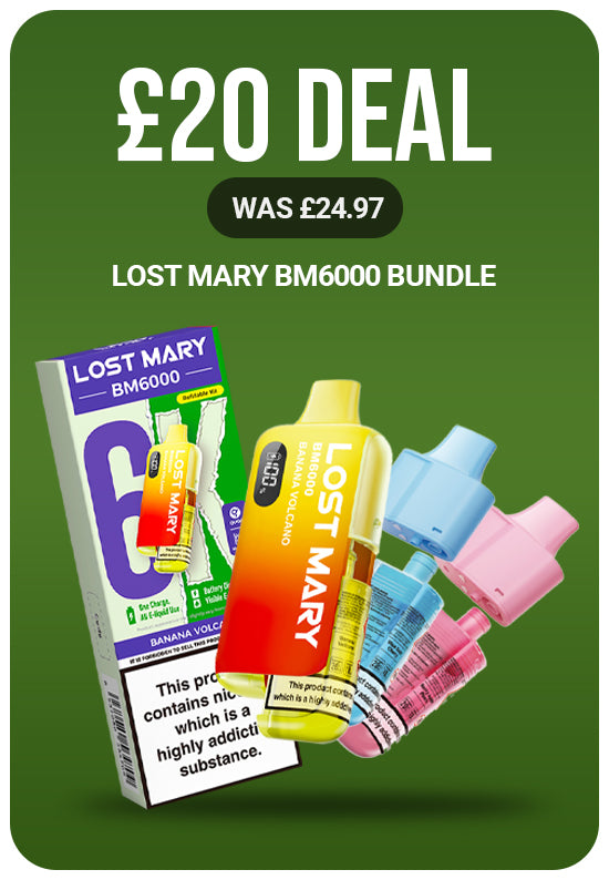 promotional offer for lost mary bm6000 bundle. A £20 deal showing a kit and 2 refills on a green background.