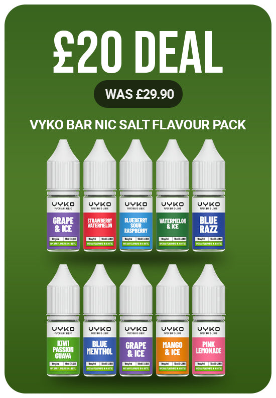 VYKO Bar Nic Salt Flavour Pack with six bottles on a green background