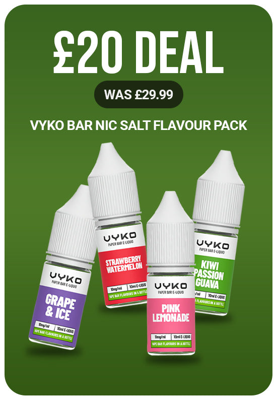 Promotional graphic for a VYKO Bar Nic Salt Flavour Pack showing four small e-liquid bottles on a dark green background with large text reading £20 DEAL and listed flavours: Grape & Ice, Strawberry Watermelon, Pink Lemonade, and Kiwi Passion Guava.